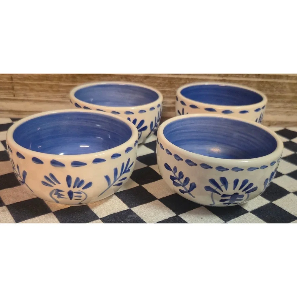 Casa Cristina Blue White Floral Ceramic Dipping Bowls Set of 4 Microwave Safe